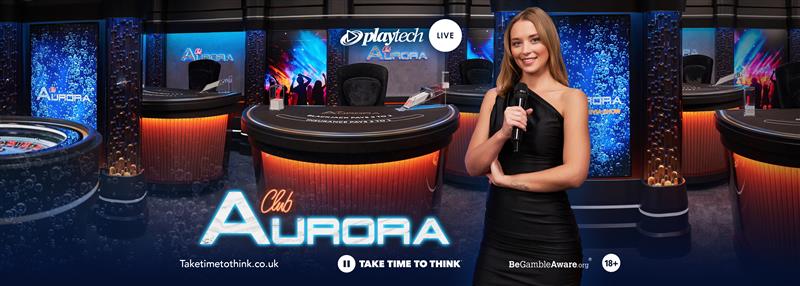 Playtech Club Aurora live casino studio with blackjack and roulette tables and a presenter.