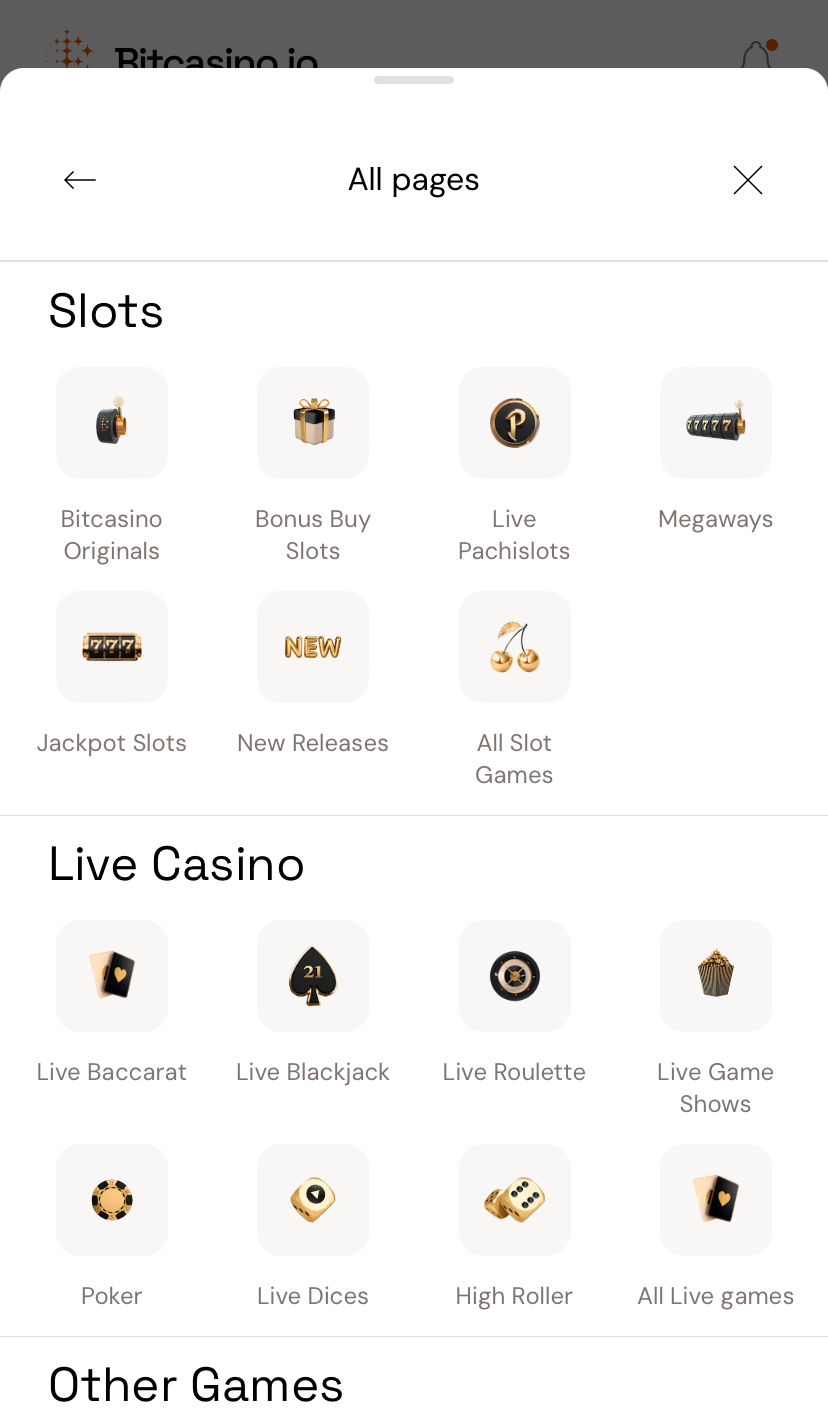 Bitcasino's mobile drawer separates slots and Live Casino categories.