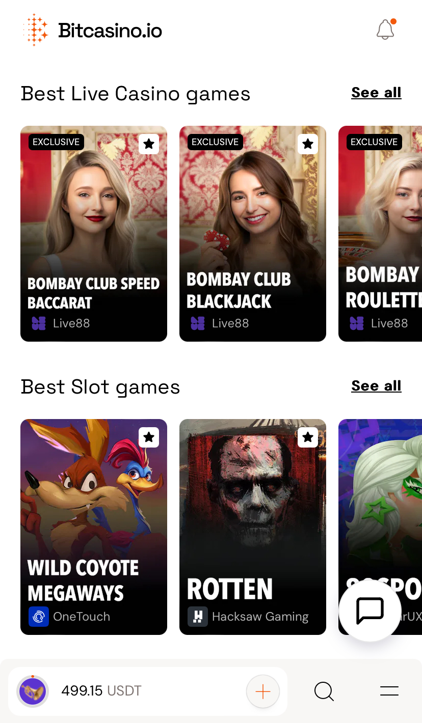 Bitcasino mobile game rows, favourites and bottom navigation.