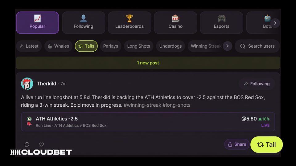 Cloudbet Pulse Tails interface showing category tabs, a public betting post and a Tail button, with a Cloudbet watermark at the bottom left.
