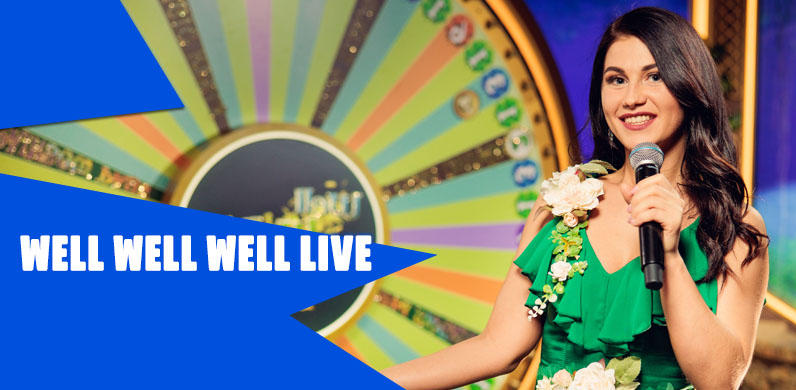 Official Well Well Well Live lobby artwork showing a host beside a colourful game-show wheel.