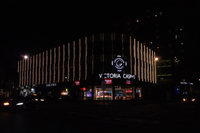 Grosvenor Victoria Casino entrance on Edgware Road at night, photographed in April 2018.