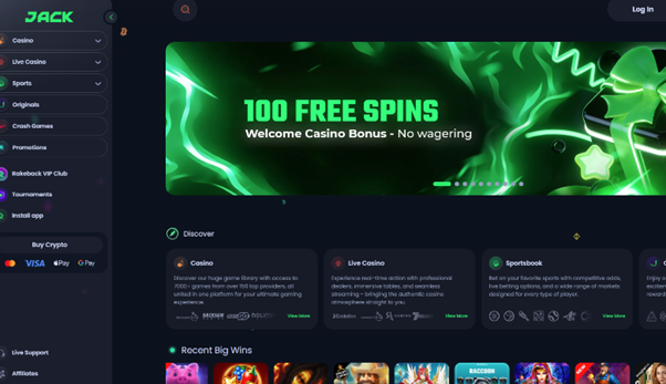 Jack homepage with casino and live-casino navigation, welcome banner and game categories.