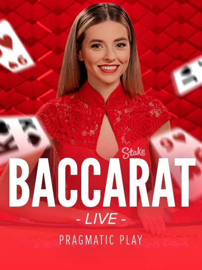 Stake Baccarat promotional image with a dealer at a red table