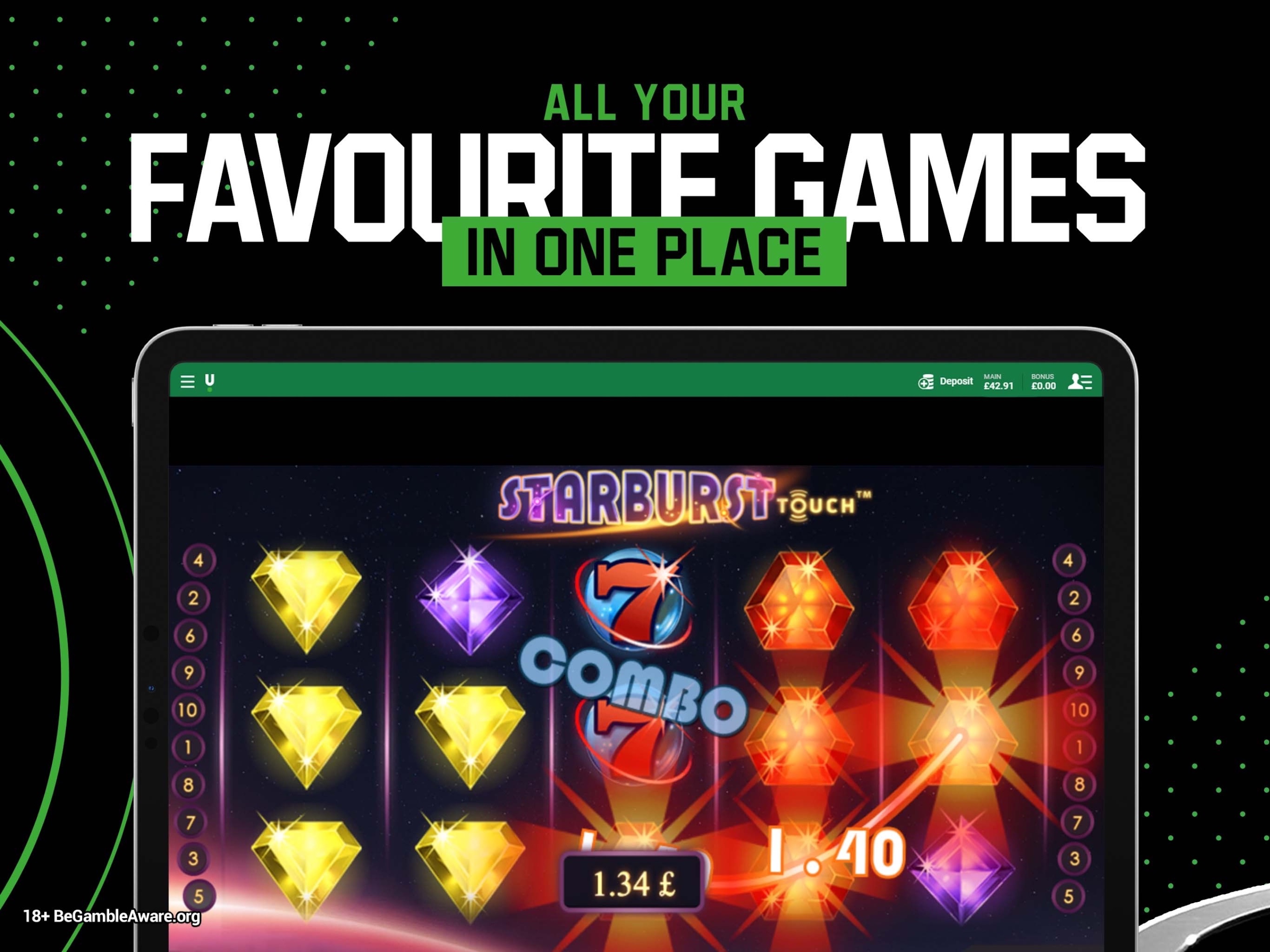 Unibet publisher iPad preview showing Starburst Touch inside the casino app.