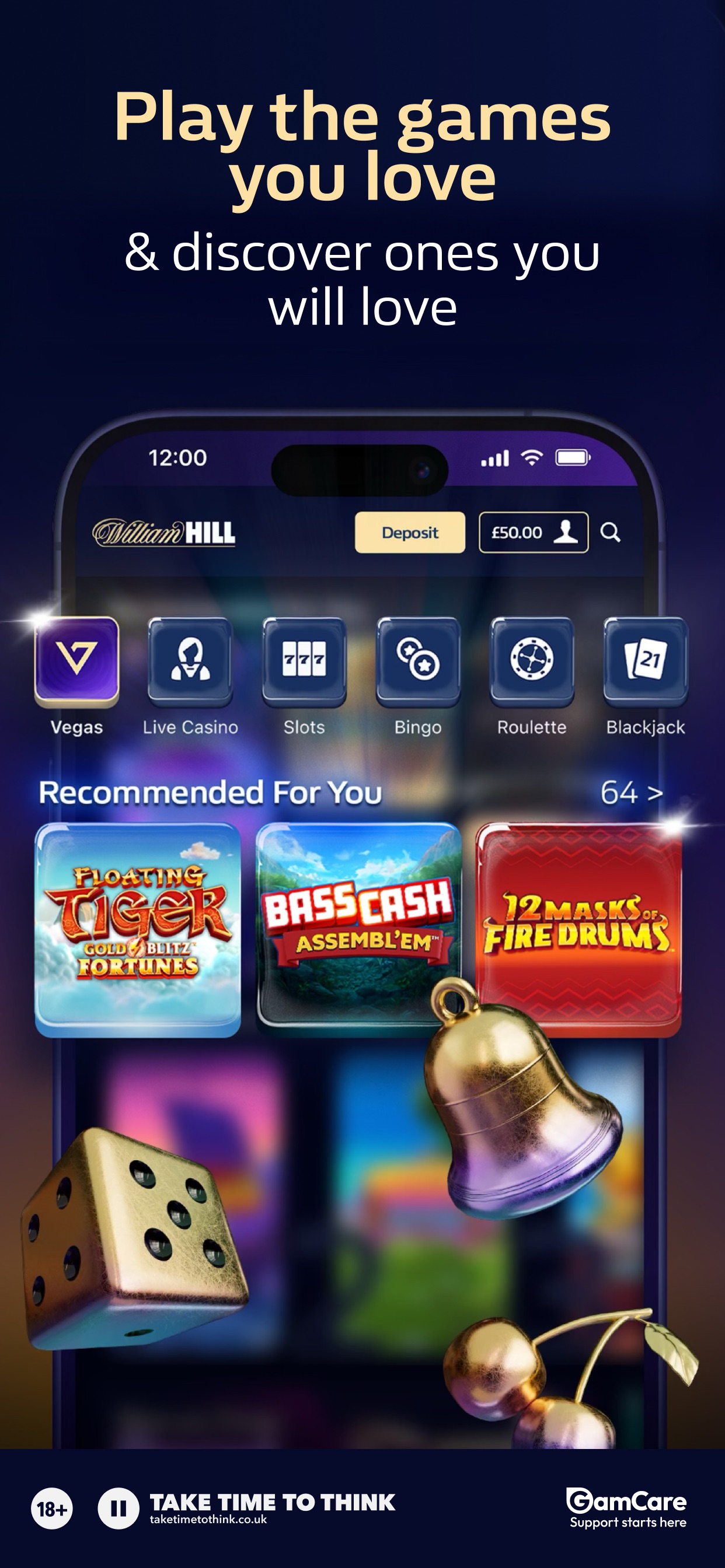 William Hill Vegas publisher preview showing Vegas, Live Casino, Slots, Bingo, Roulette and Blackjack categories above recommended games.